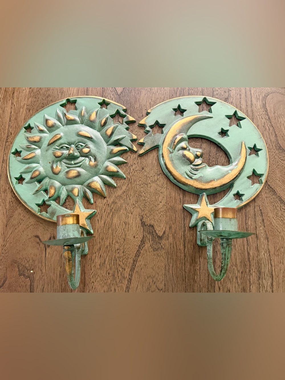 1994 Vintage PartyLite Sun and Moon Metal Wall Hooks in Green and Gold